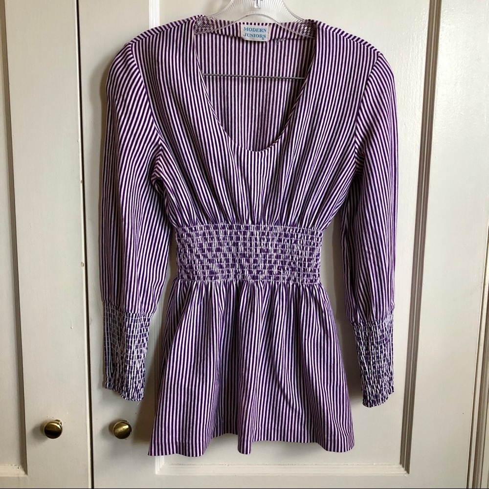 Vintage Striped Smocked Peplum Long Sleeved Top